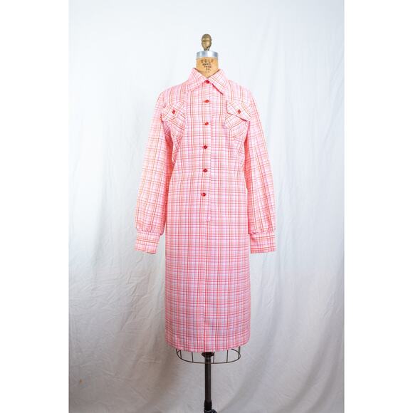 Vintage 60s Mod Pink Orange Plaid Day Dress, Bright Atomic MCM Long Sleeve, LG - Picture 1 of 10
